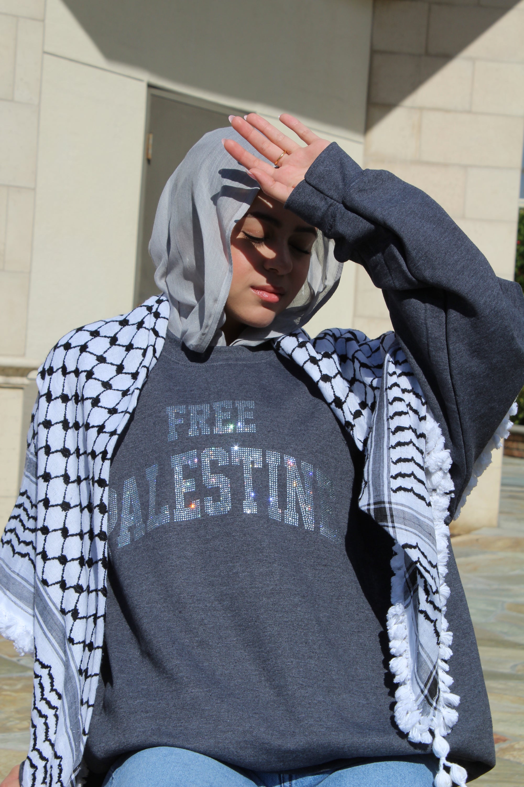 Charcoal Gray Rhinestone Palestine Sweater
