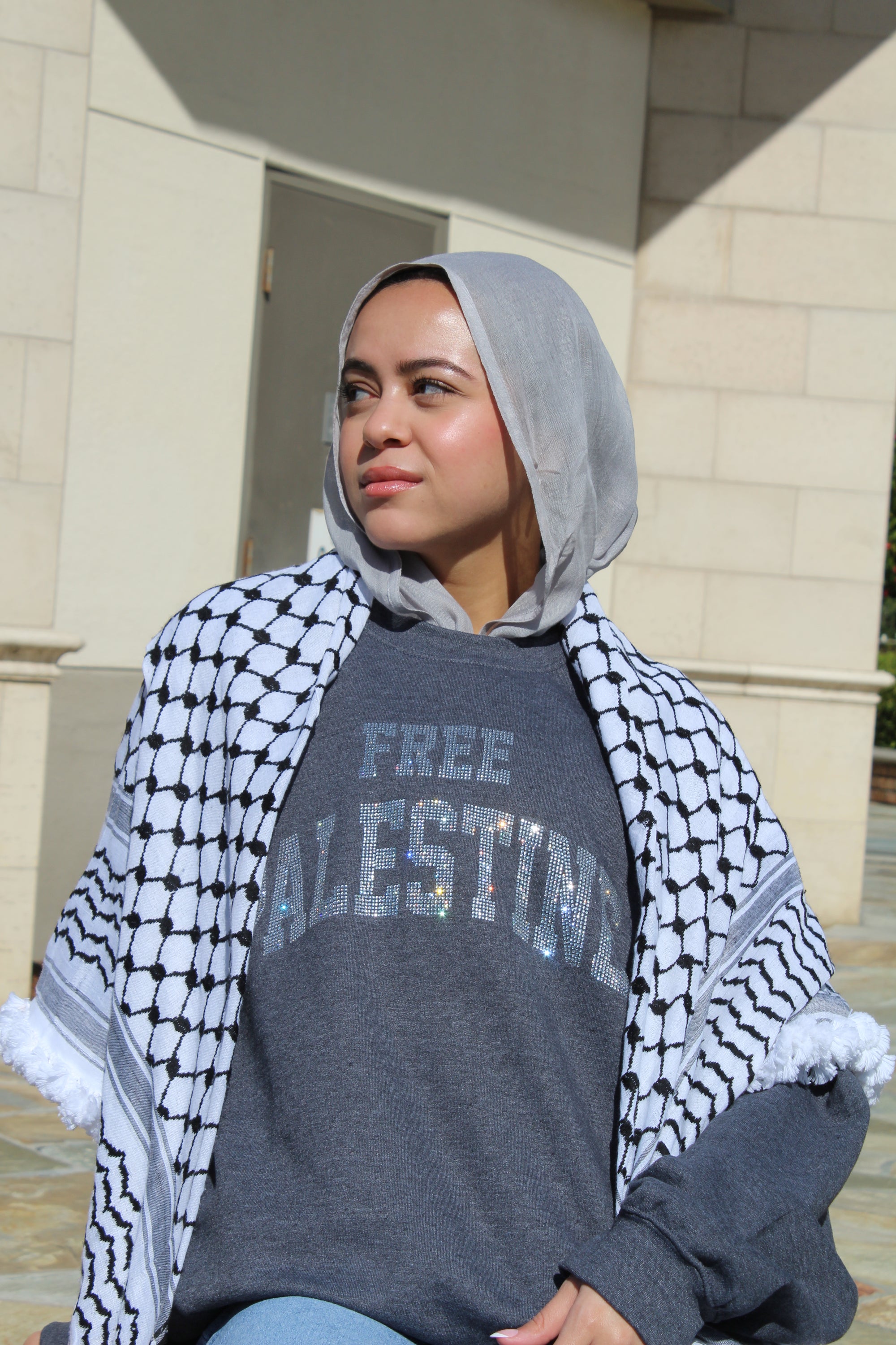 Charcoal Gray Rhinestone Palestine Sweater